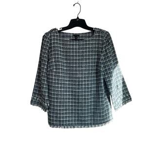 Ann Taylor Blue White Tweed Top Fringe Trim Blouse Size 8